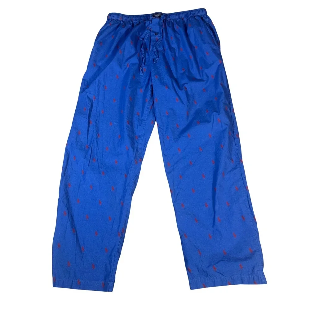 Polo Ralph Lauren Pajama Pants Mens Large Blue AOP Red Pony Logo Print Lounge